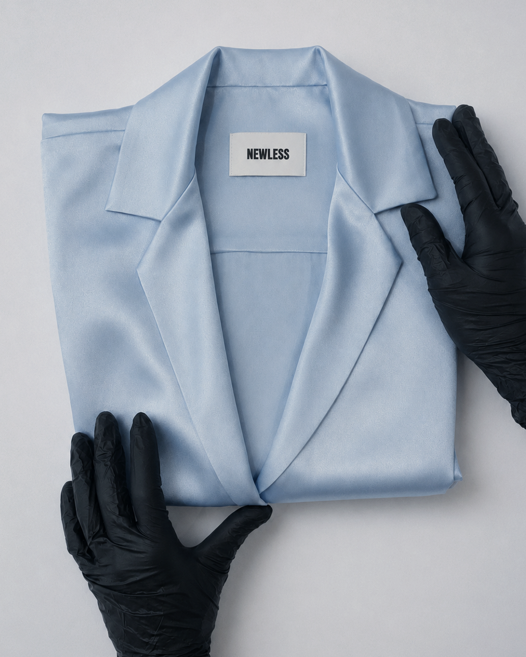 Light blue tailored blazer with Newless label and black gloves
