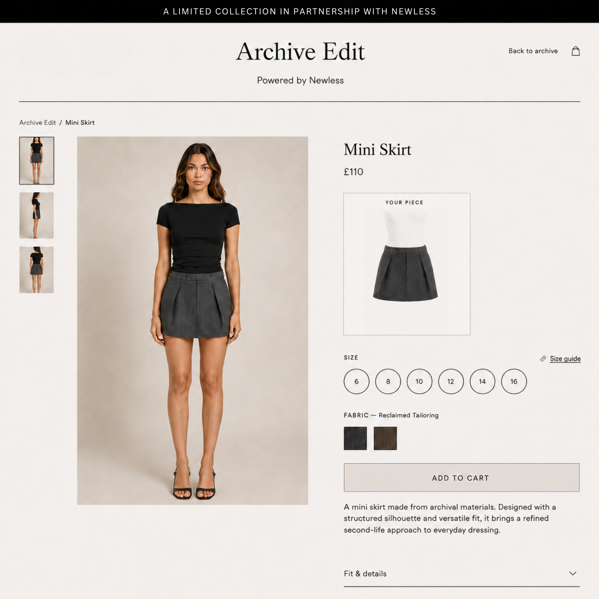 Newless-powered branded storefront showing a Reworked Mini Skirt product page
